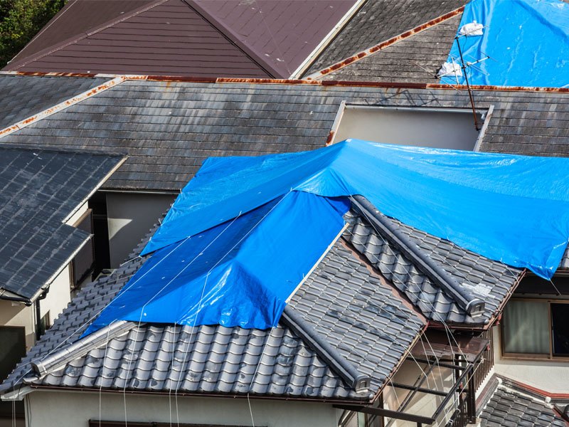 Emergency Tarping after a storm. Photo is of multiple homes with tarps on them to keep the rain from causing any more internal damage