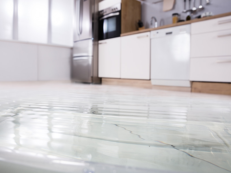 Water Damage Restoration - Water on a kitchen floor causing damage that needs to be repaired by a Water Damage Restoration Company.